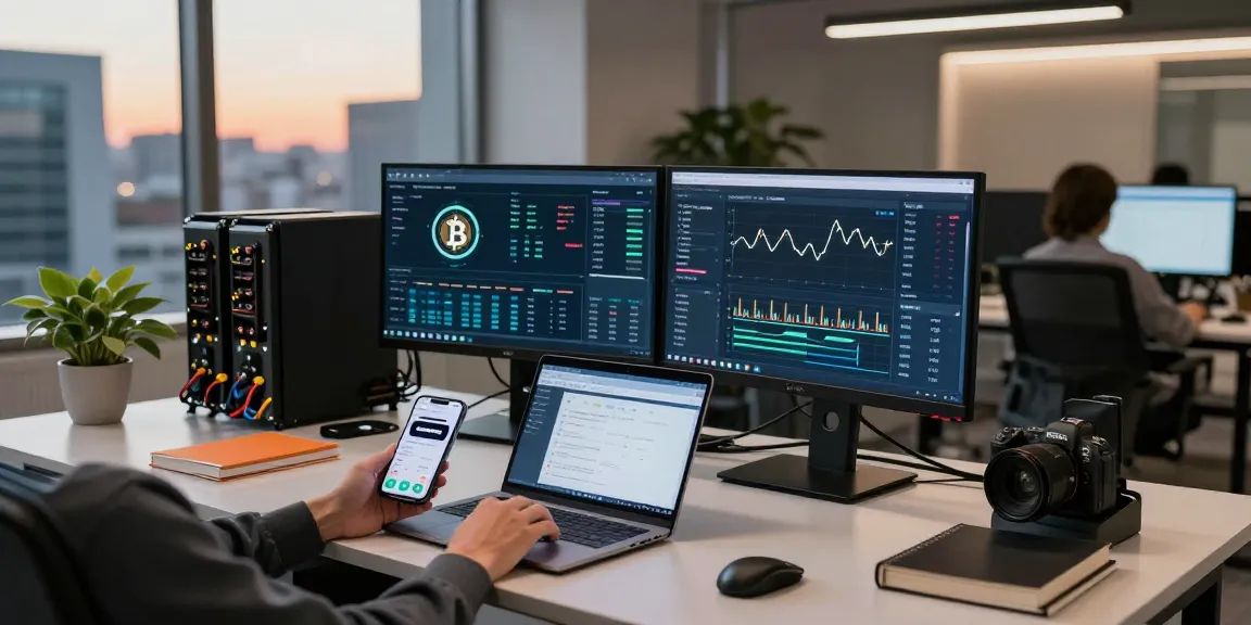 Explore the future of crypto mining service with real-time dashboard analytics and advanced tech setup in a modern office.