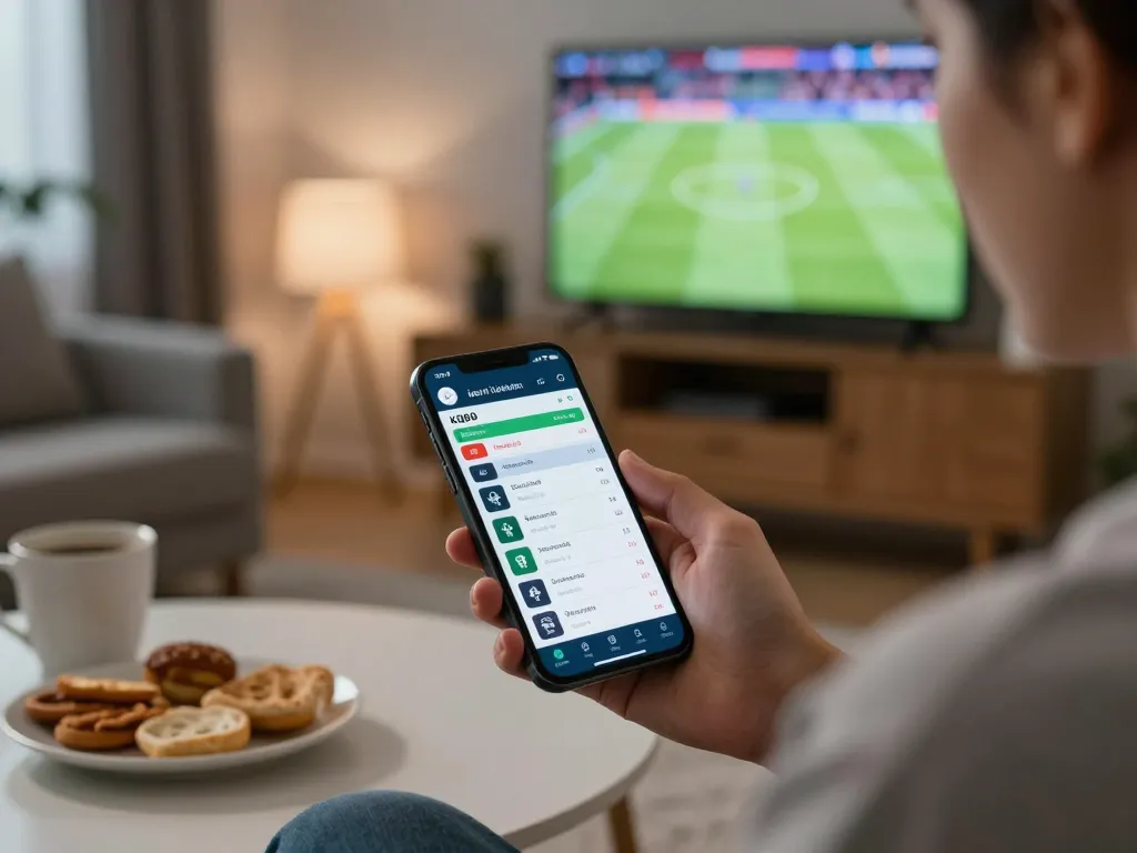 KQBD sports betting scene, user checking live scores on mobile app in comfortable home setting.
