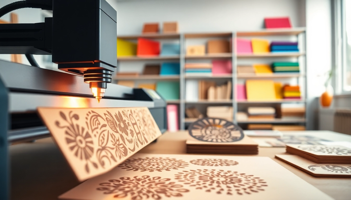 Showcasing detailed laser cutting designs and tools in a creative workspace.
