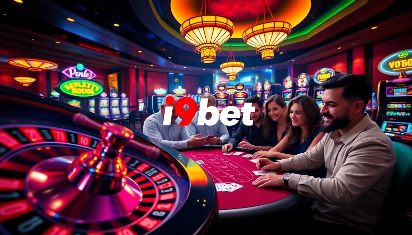 Experience the thrill of online gambling with i9bet at a luxurious casino scene filled with lively players and engaging games.