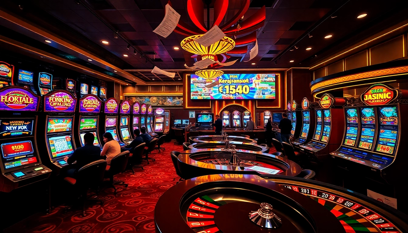 Experience the excitement of kerajaanslot with vibrant slot machines and engaging players at luxurious casino tables.