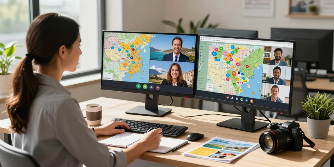Streamlined travel agent payment process at a modern workstation, featuring vibrant itineraries and client interaction.