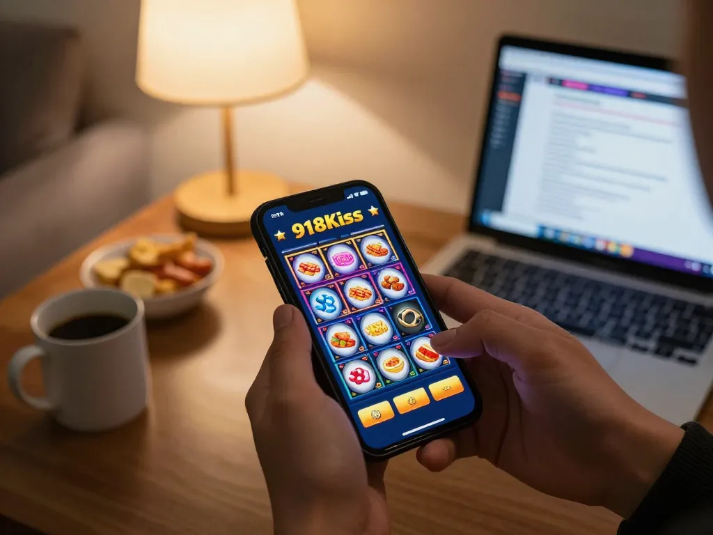 Engaging scene of mobile gaming on https://kiss918-ori.app with smartphone and poker interface in cozy setting