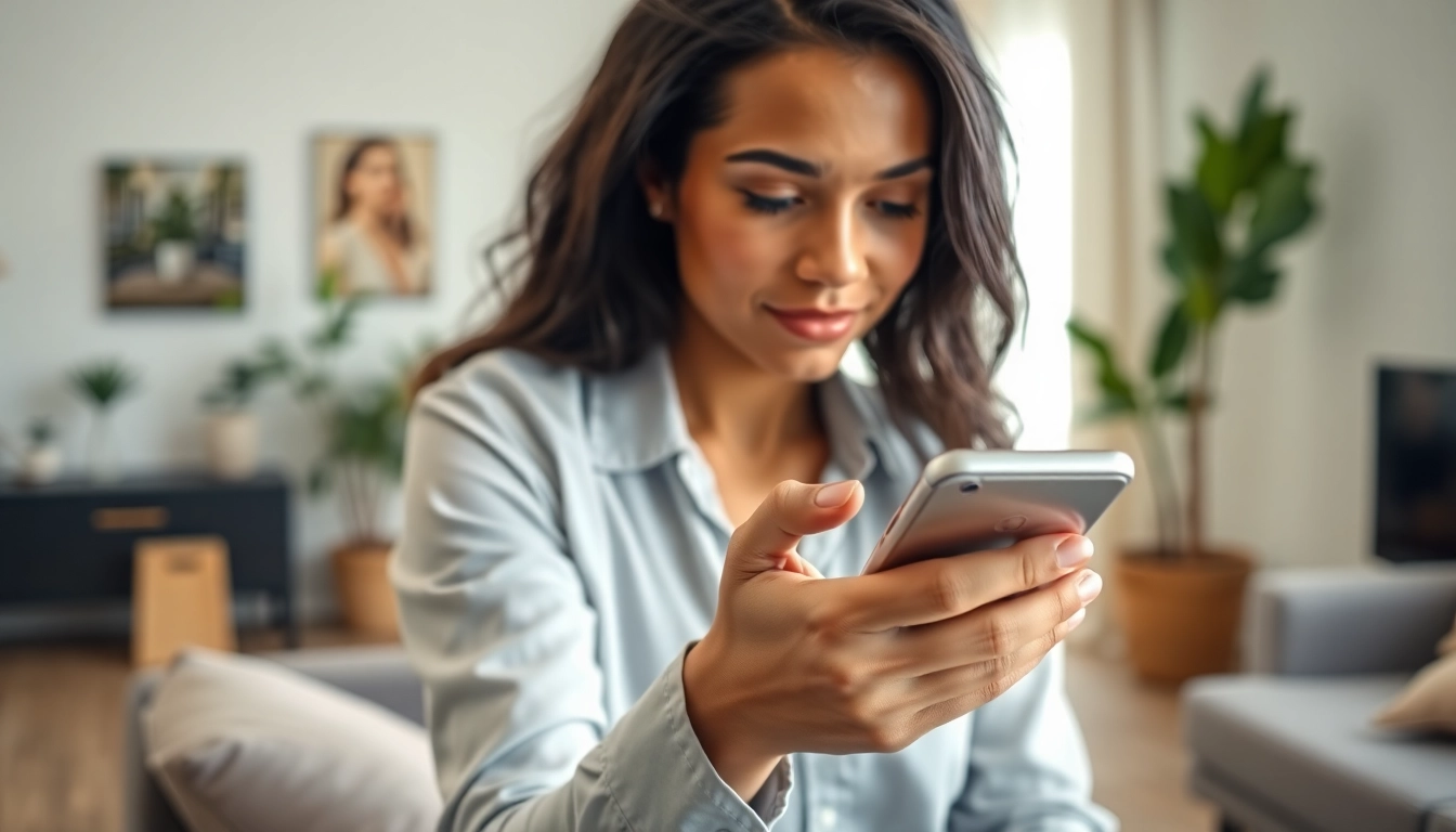 Sell my old phone for cash with a young adult showcasing an old phone in a modern living room.