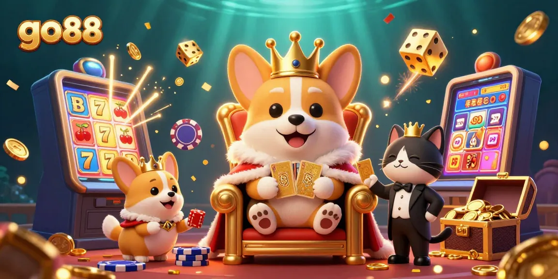 Engage in thrilling slots with go 88 featuring a royal corgi and lively casino elements.