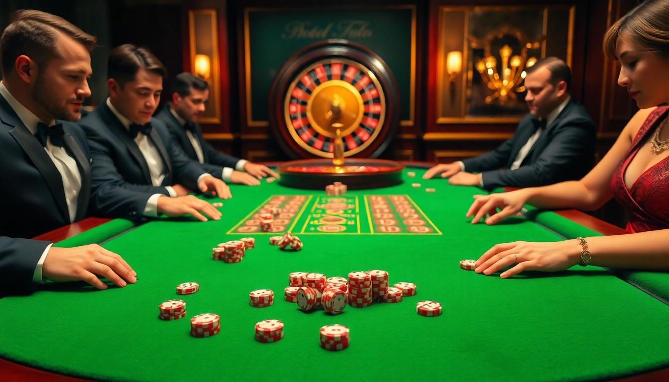 Para pemain menikmati togel online di meja judi mewah dengan chip berkualitas tinggi dan roda roulette.
