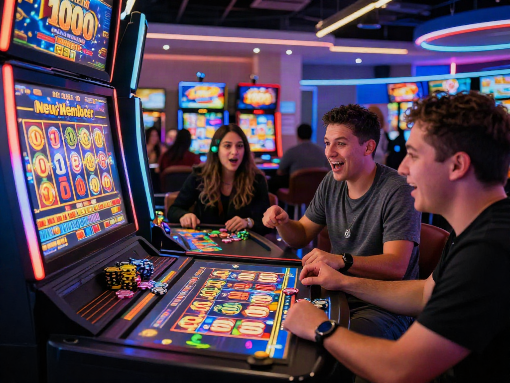Players enjoying the excitement of slot bonus new member 100 at an online casino.