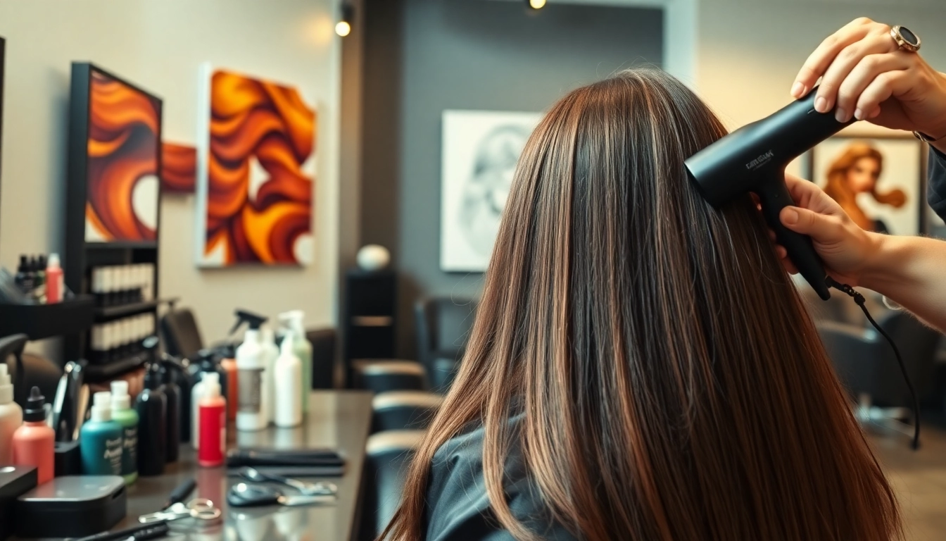 Coafat București: Hairstylist sculpting beautiful hair in a vibrant salon setting.