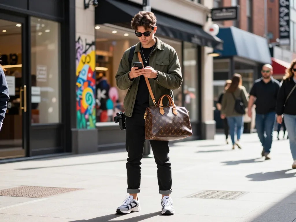 Fashionable individual displaying high-quality 레플리카 accessories in a vibrant urban setting.