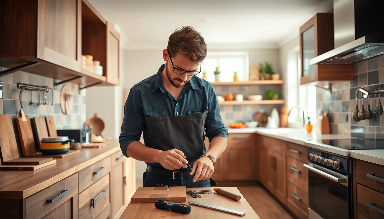 Kitchen fitter assembling cabinetry in a modern kitchen with professional tools and bright decor.