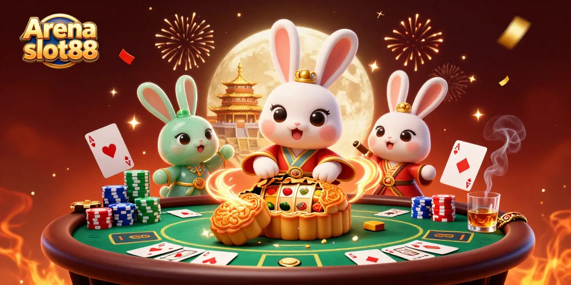 Arena slot88 menghadirkan suasana kasino yang seru dengan karakter kelinci bulat yang bermain slot di bulan.