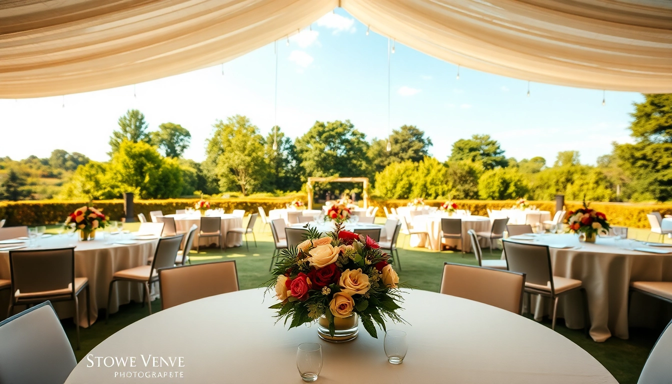 Stowe Venue Hire's stunning outdoor setup showcases elegant tables adorned with flowers in a serene setting.