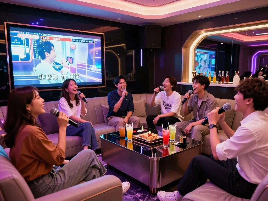 럭셔리 라운지 환경에서 친구들과 함께 gangnamtune.com/perfect에서 활기찬 노래방 밤을 즐기고 있습니다.
