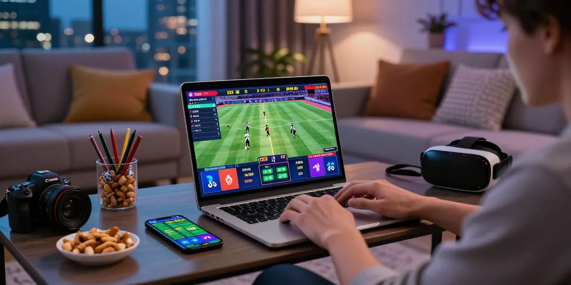 Player enjoying online betting at trang chủ shbet with laptop and sports graphics in a stylish living room.
