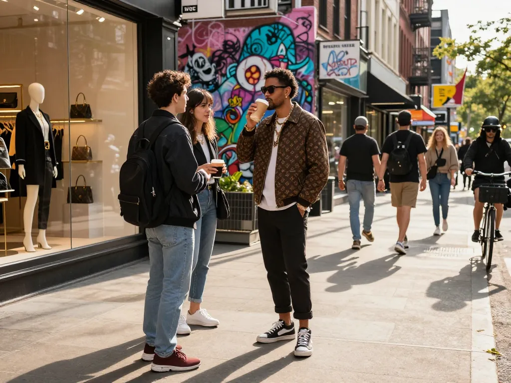 Stylish individual wearing 레플리카 clothing in vibrant city street