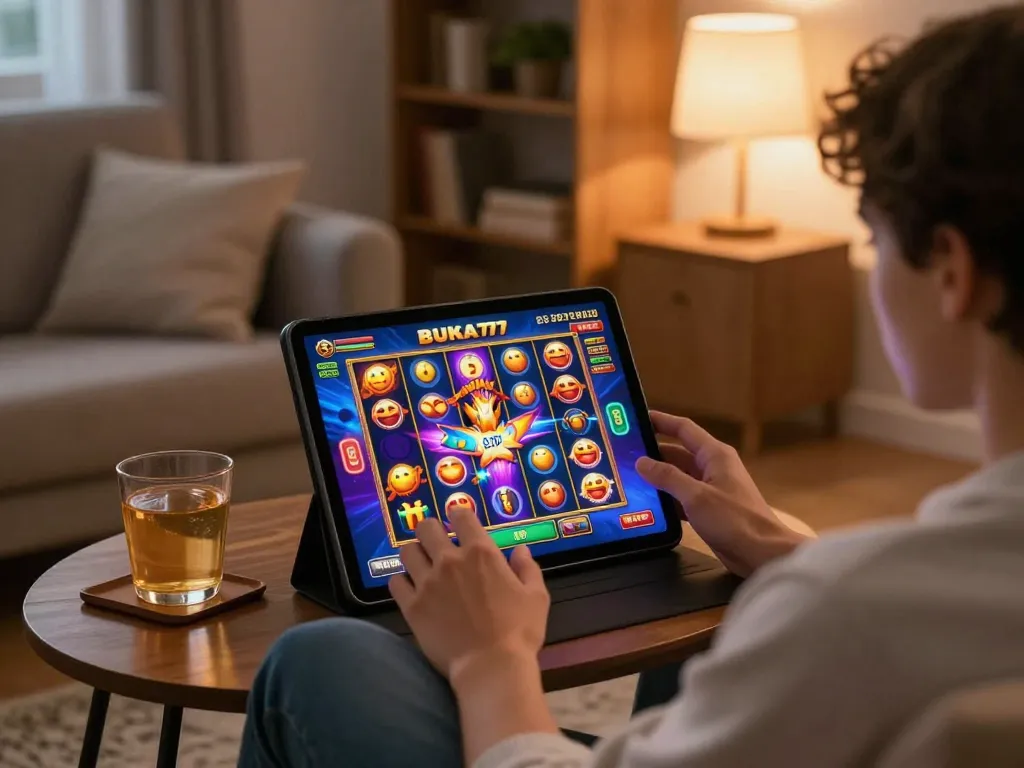 Engaging player enjoying BUKA77 slots on a tablet in a cozy home environment.