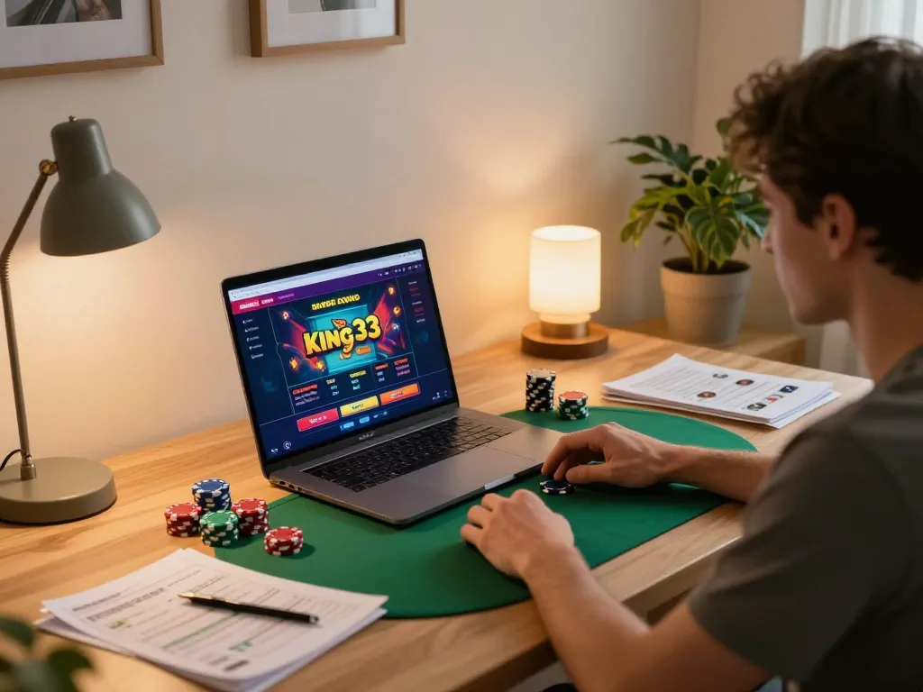 Player enjoying king33 online casino gaming at home, laptop screen showing poker interface, creative setup.