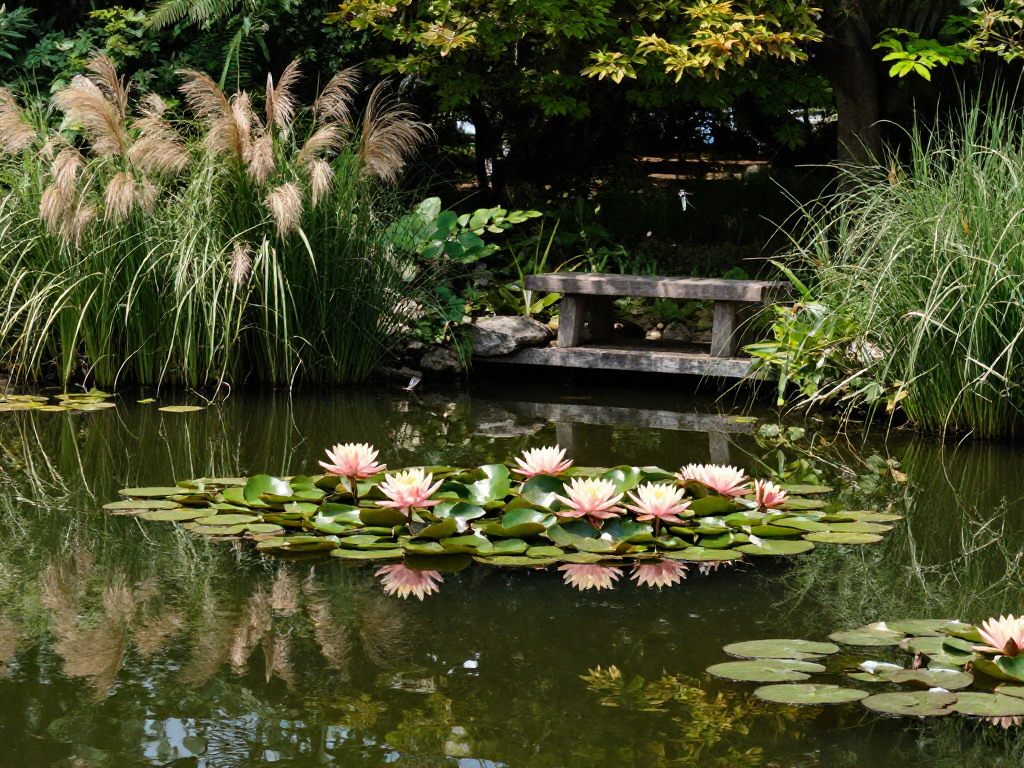 Water Lilies blooming in a serene garden pond, surrounded by lush greenery.