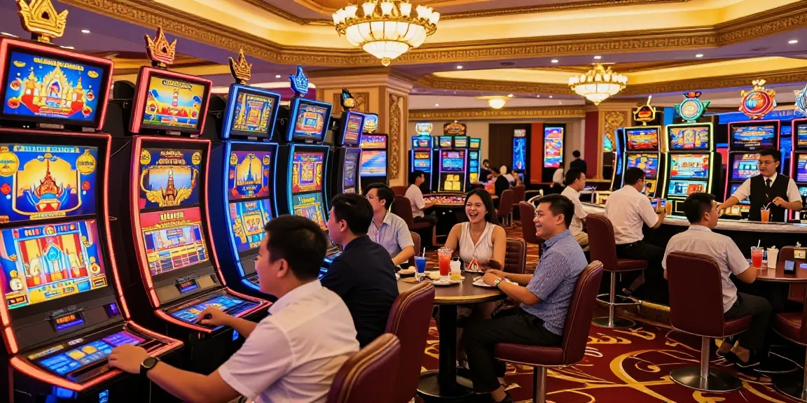 Kamboja slot gaming excitement with players at colorful machines in a vibrant casino.