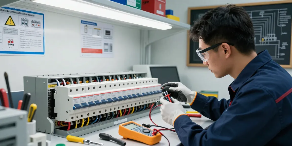 Technician analyzing miniature circuit breaker specifications in an electrical workshop.