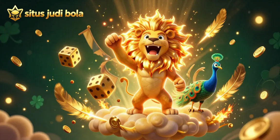 Experience thrilling action with situs judi bola featuring a majestic sun lion and golden dice in a vibrant scene.