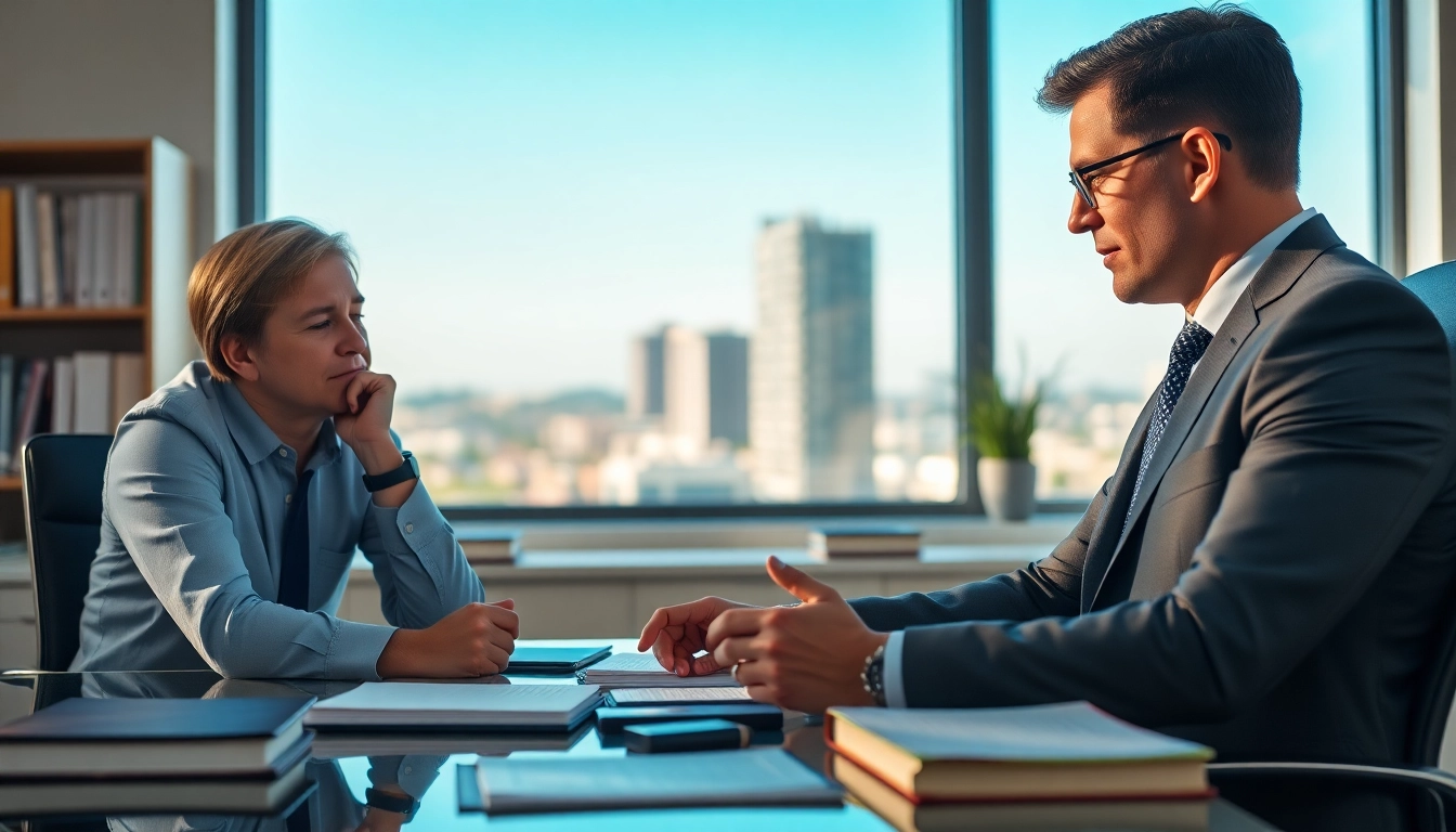 Trustworthy Clearwater truck accident attorney offering advice to a client in a calming office.