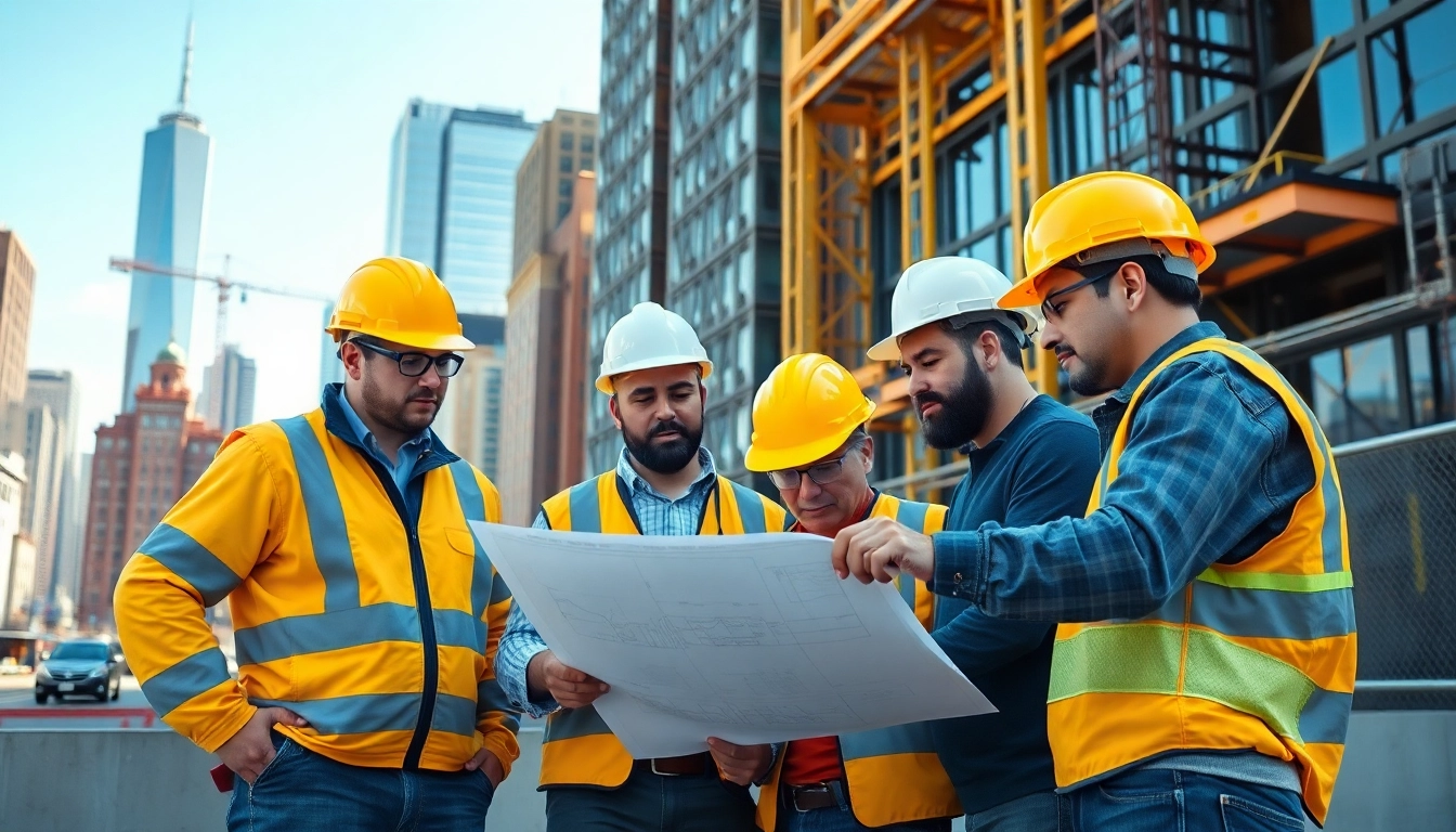New York City General Contractor team working on construction plans in the vibrant city skyline.