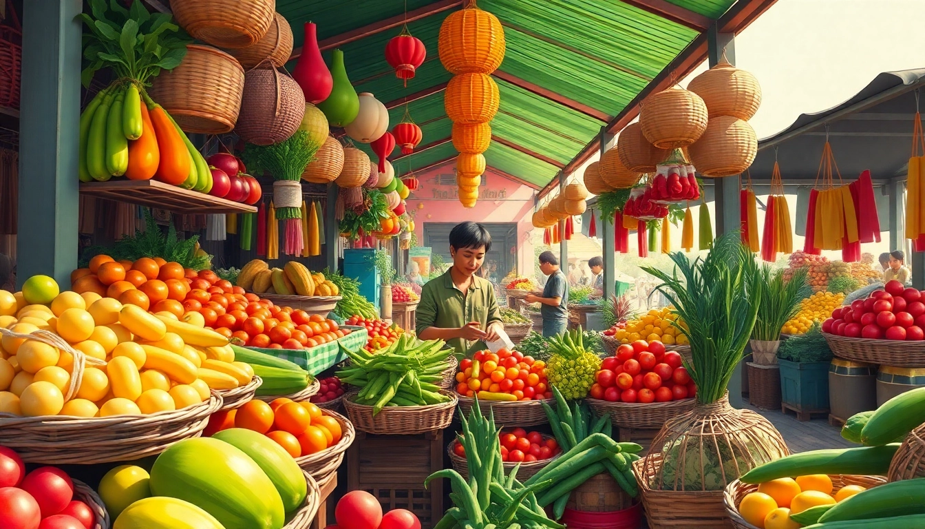Menampilkan keramaian pasar tradisional dengan jentoto yang diperdagangkan, penuh warna dan kehidupan.