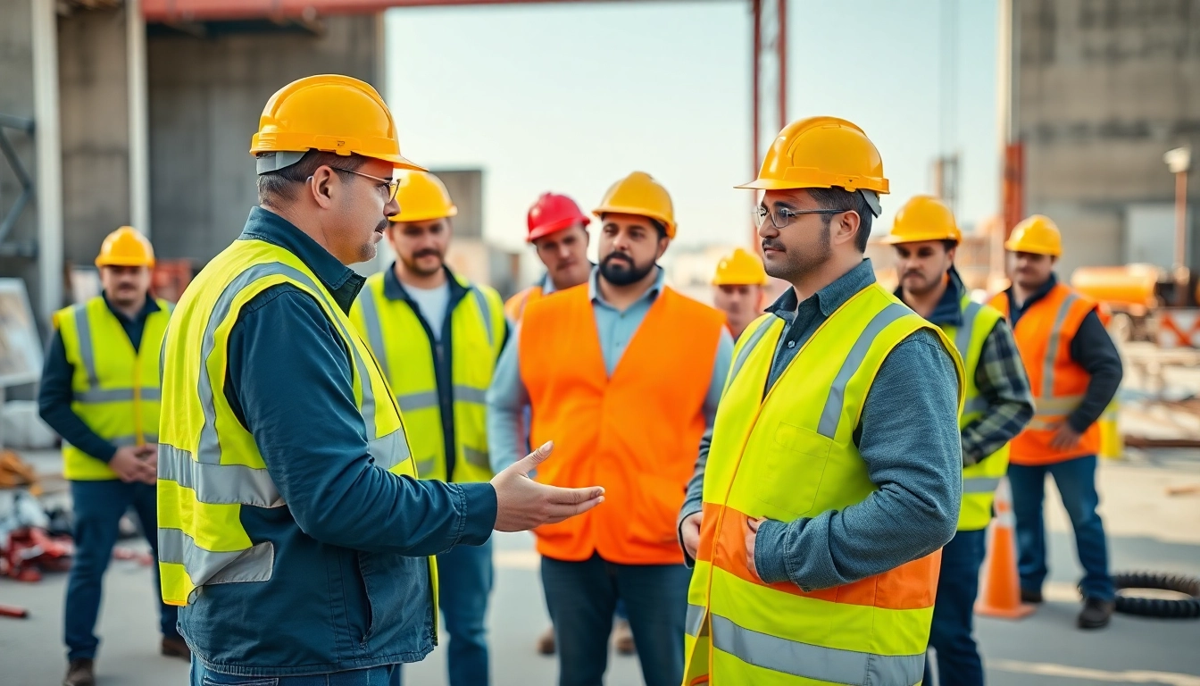 Engaging construction safety programs with workers learning best practices during training on-site.