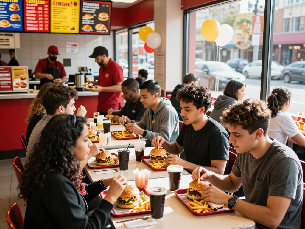 Fast food prices displayed in a busy restaurant with friends enjoying meals together.