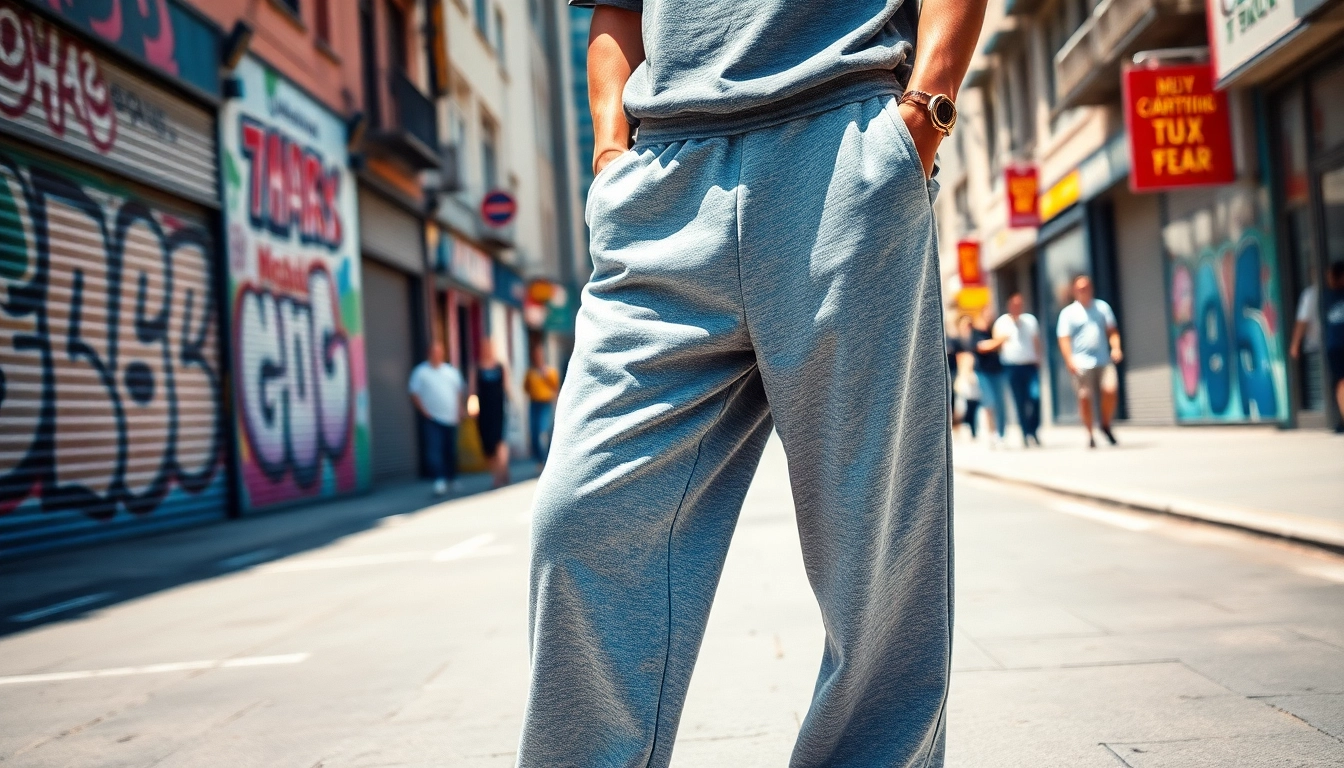 Stylish model showcasing baggy sweatpants in a vibrant urban street setting.