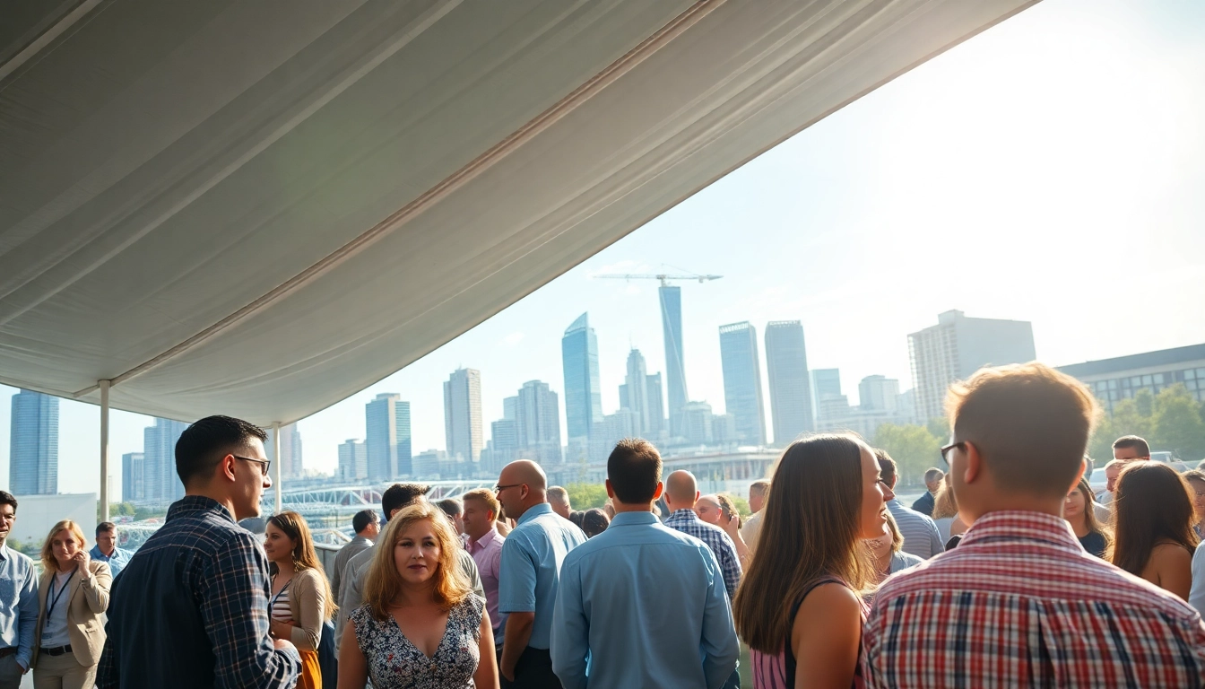 Attendees networking at construction events, exchanging ideas under a large tent.