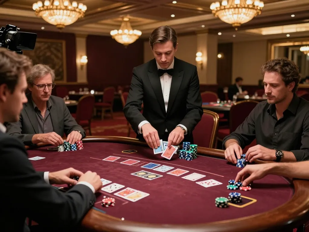 Engaging gameplay at TG88 poker table with players focused, dealer dealing cards in luxurious casino setting.