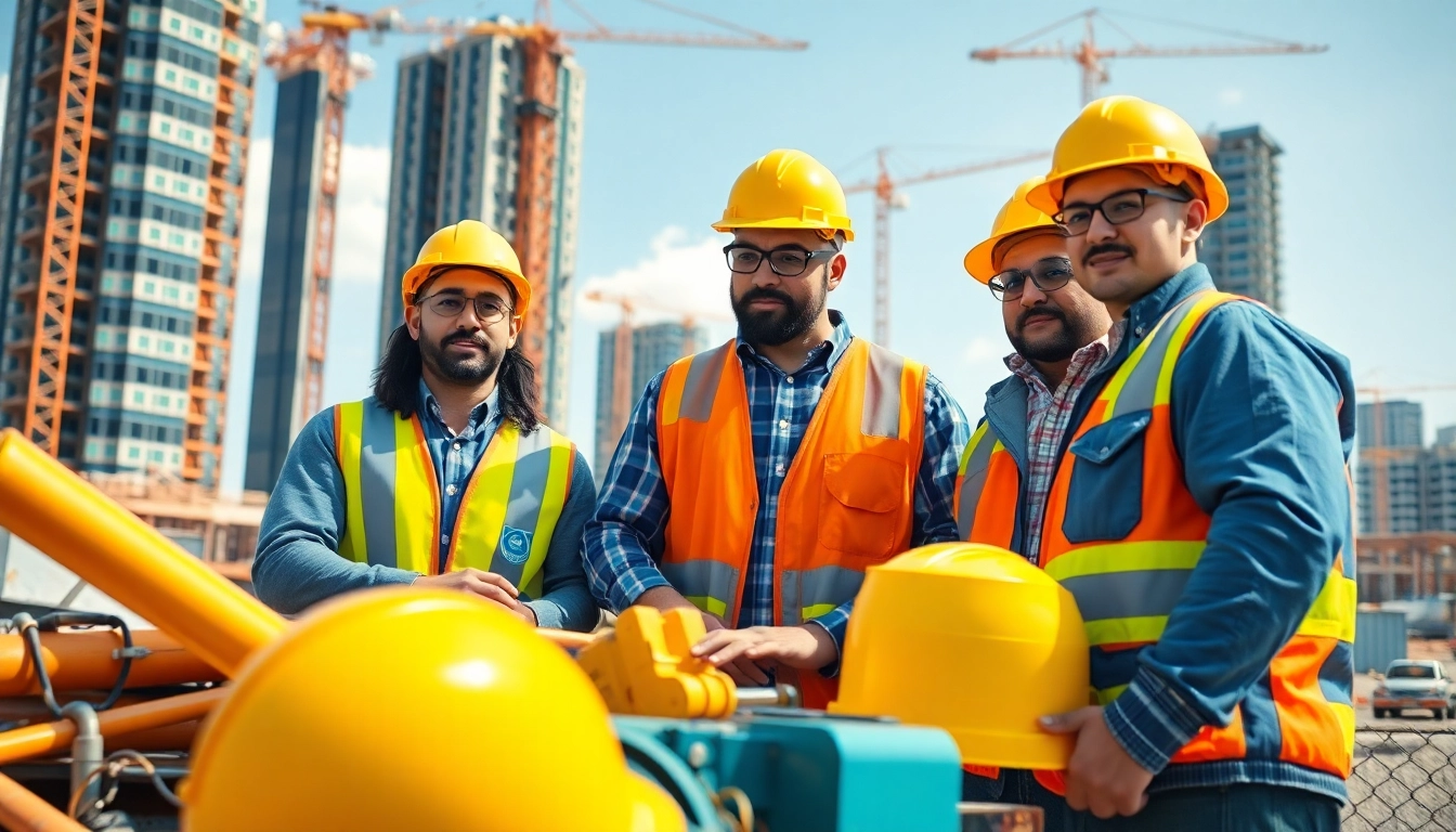 Collaborating professionals from a construction member organization on a busy site showcasing teamwork.