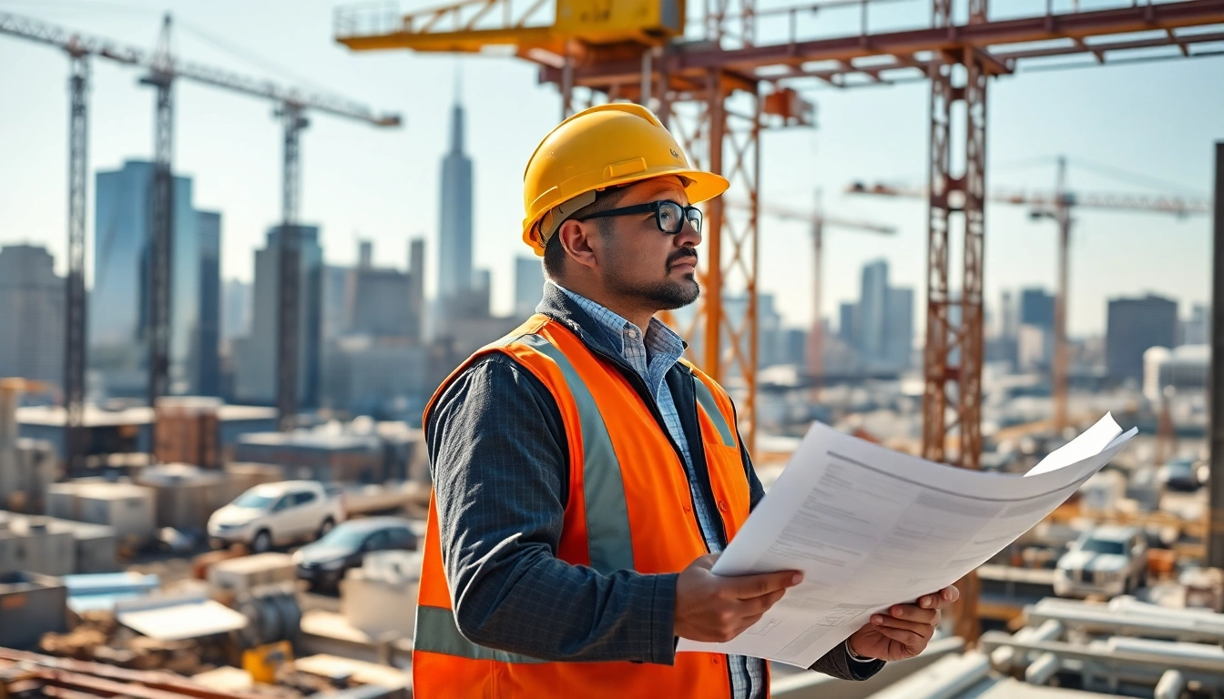New York City Construction Manager reviewing plans with team at a dynamic construction site.