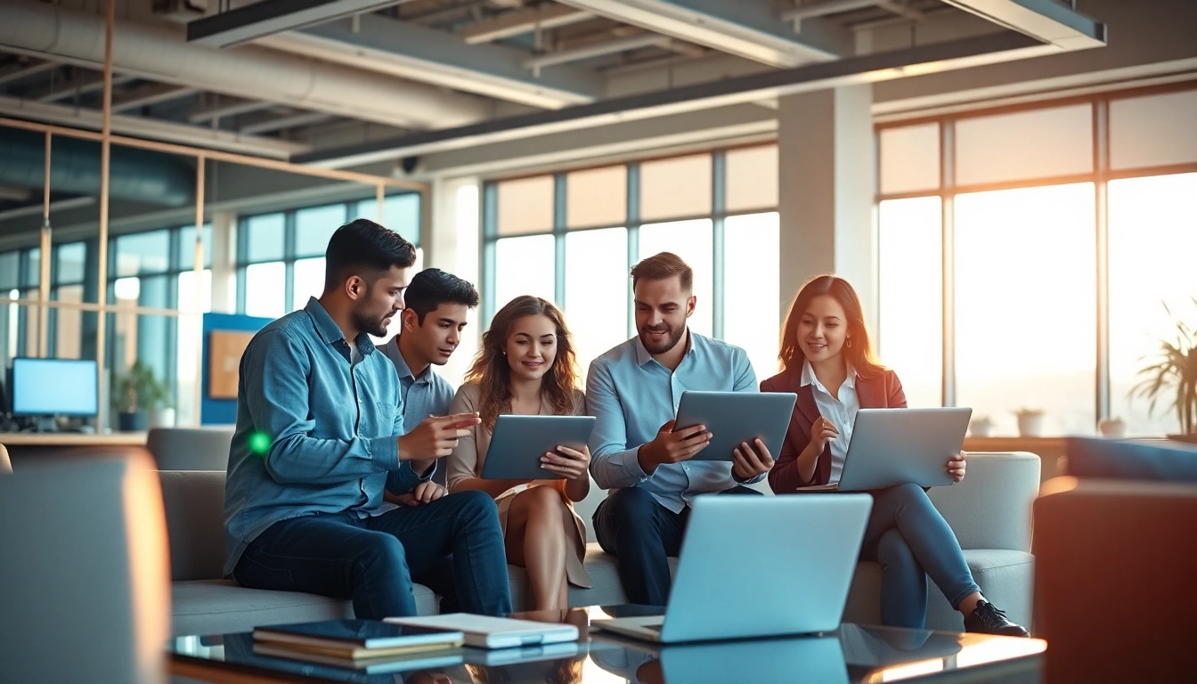 Collaborative professionals analyzing enterprise search tools in a vibrant office environment.