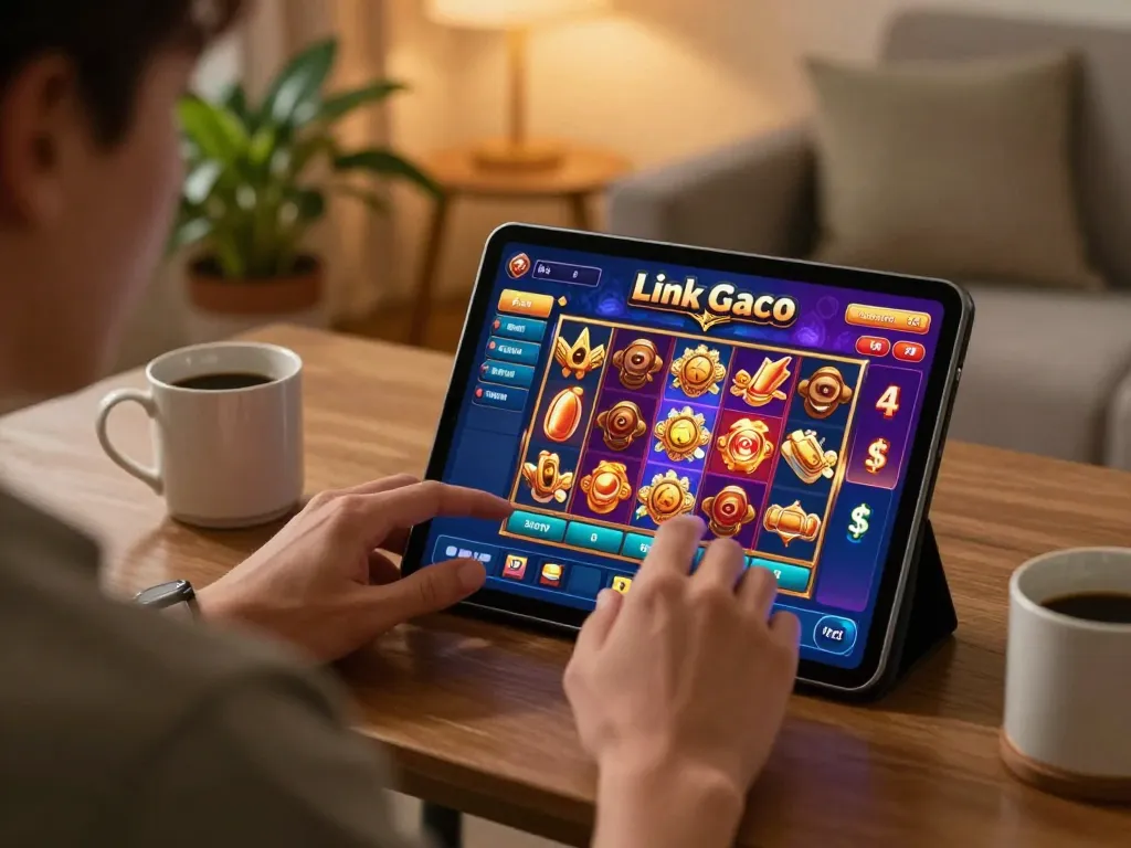 Engaging in Link Gaco online slot game with tablet at cozy home setting