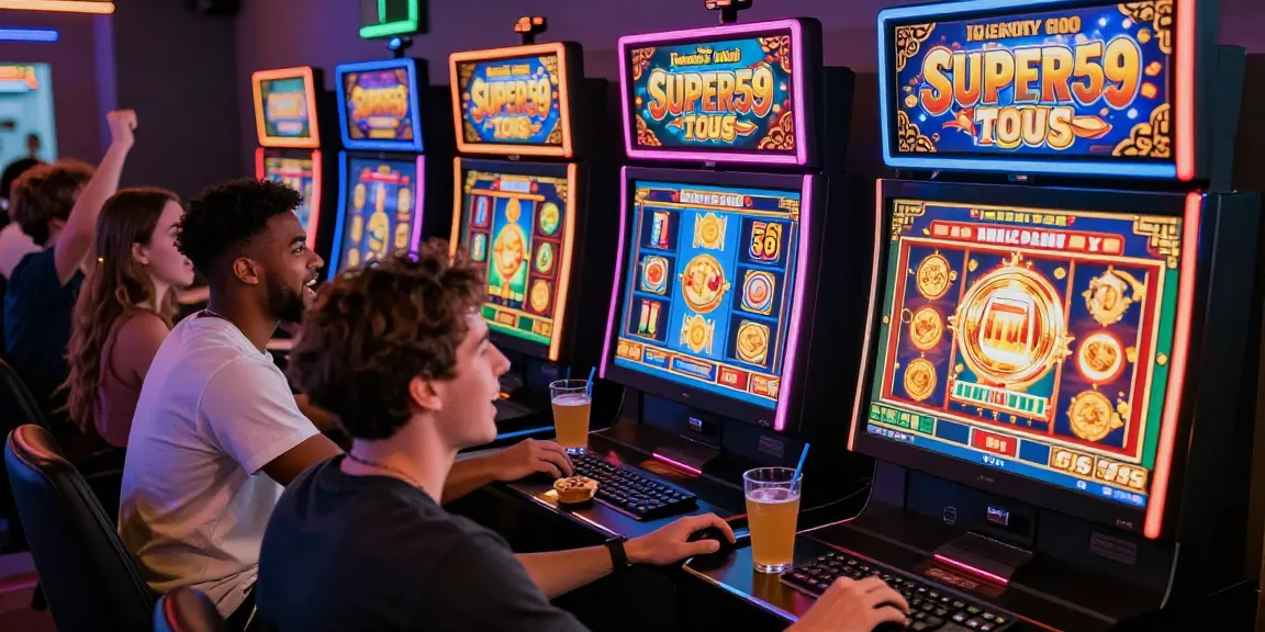 Teman bermain di platform SUPER59 dengan mesin slot online yang cerah dan menarik, menampilkan suasana perjudian yang meriah.