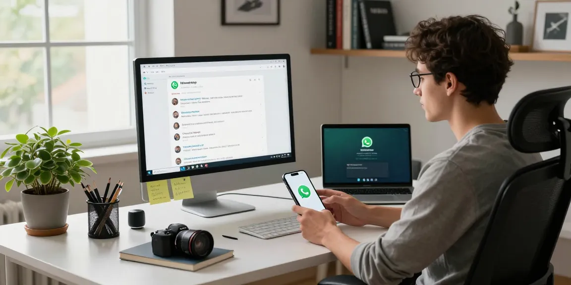 Engaging with WhatsApp下載 on multiple devices in a modern home office.