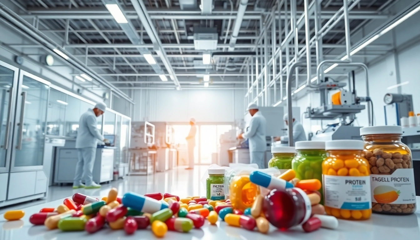 Showcase of supplement manufacturers UK with advanced equipment and vibrant products.