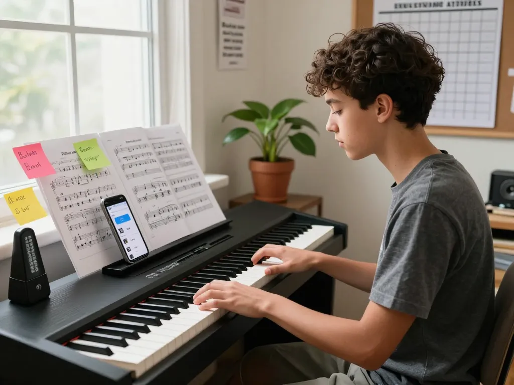 Young musician practicing on a Roland GO 88 piano in an inspiring music room filled with bright natural light.