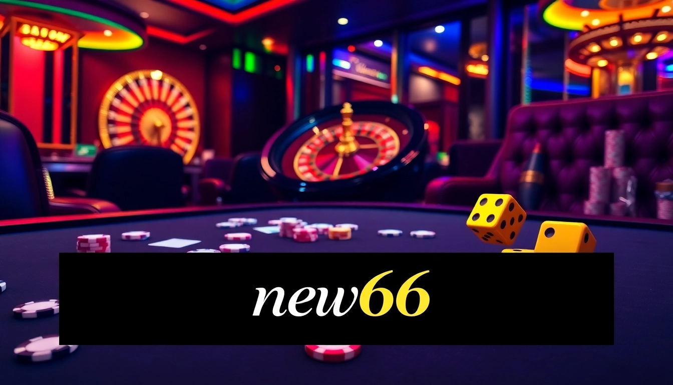 Players engaging in exciting poker action at new66 casino table with vibrant atmosphere and roulette wheel.