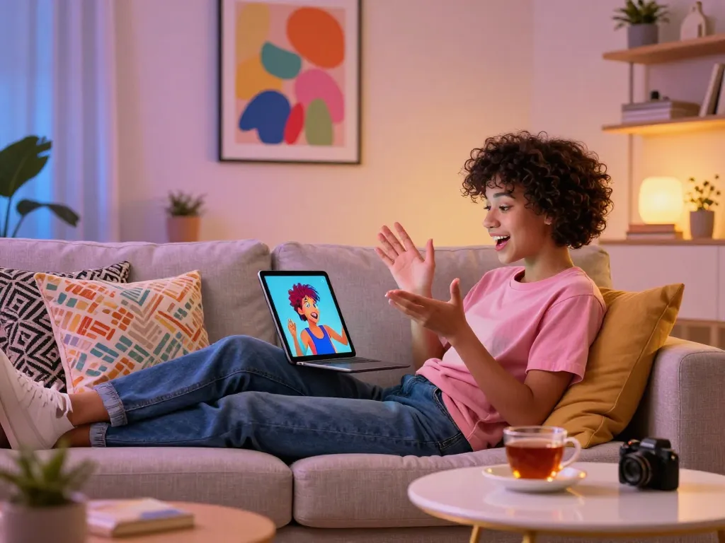 Engaging ai chat porn conversation in a cozy modern living room with a person and an AI character.