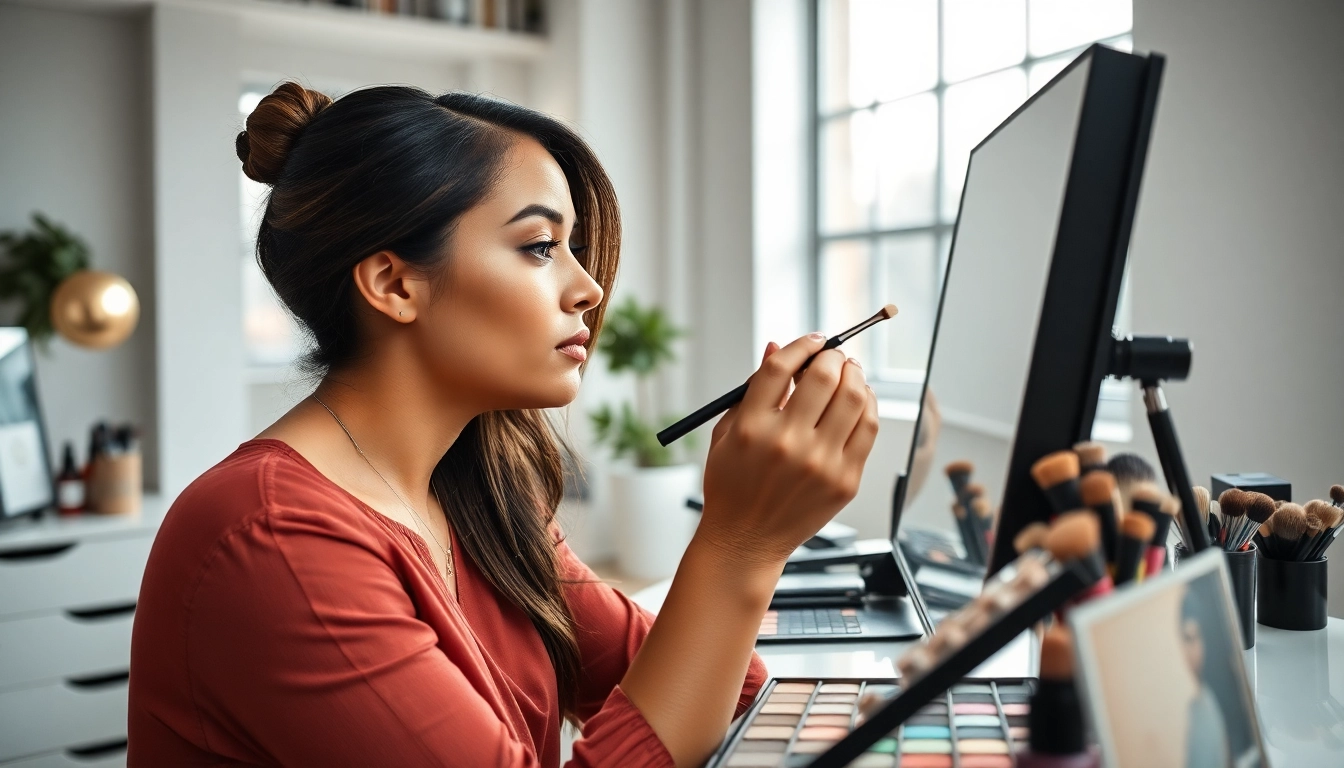 Applying makeup during engaging makeup courses to showcase techniques and tools.