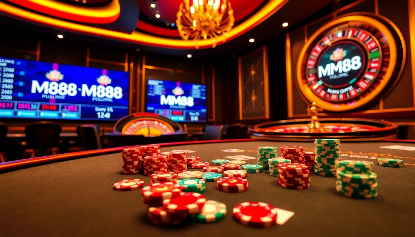 Experience the thrill of gambling with MM88 at a luxurious casino table filled with poker chips.