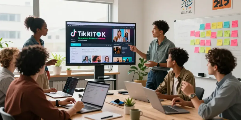 Engaged team strategizing a TikTok agency campaign in a vibrant office.