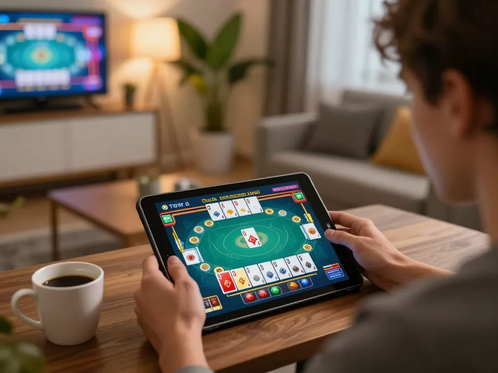 Engaging online gaming session with 5699 displayed on tablet, showcasing strategic gameplay in a cozy living room.