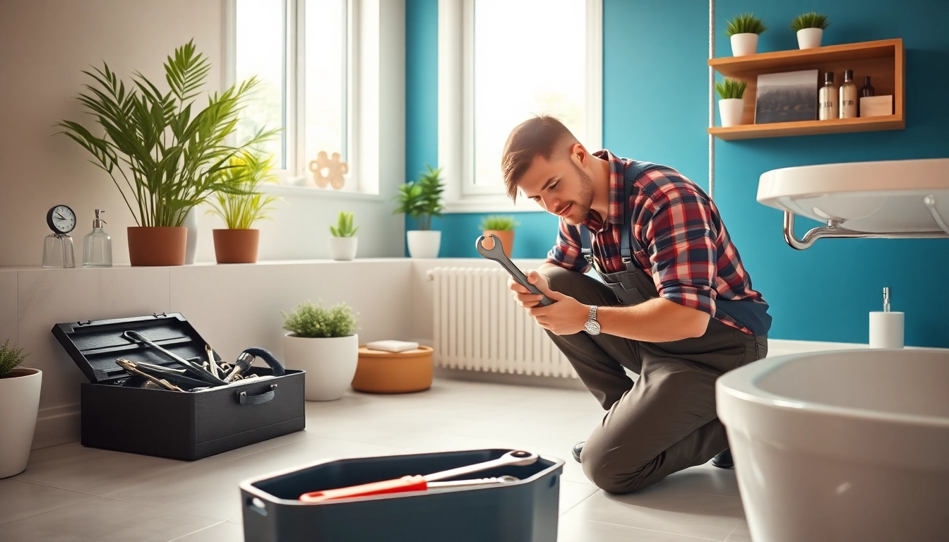 Find a skilled plumber near me expertly repairing a sink leak in a clean bathroom.