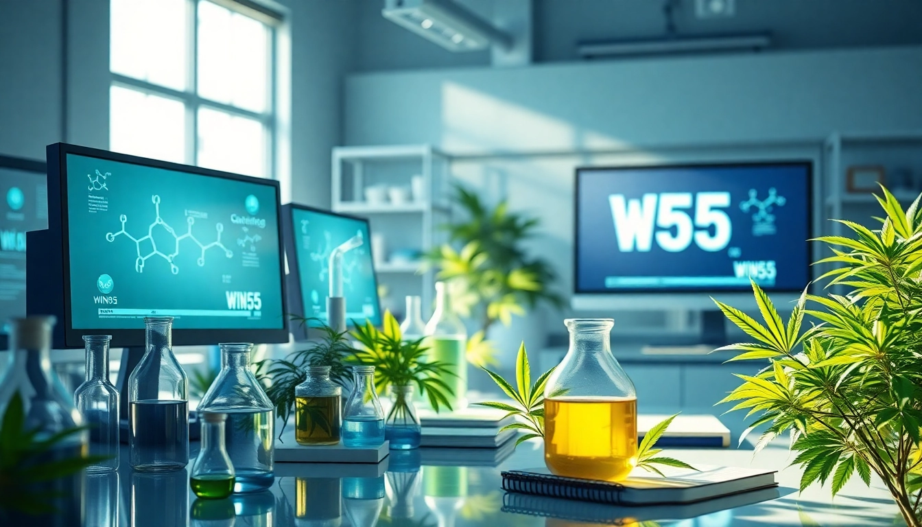WIN55 research laboratory showcasing innovative cannabinoid studies with vibrant green plants.