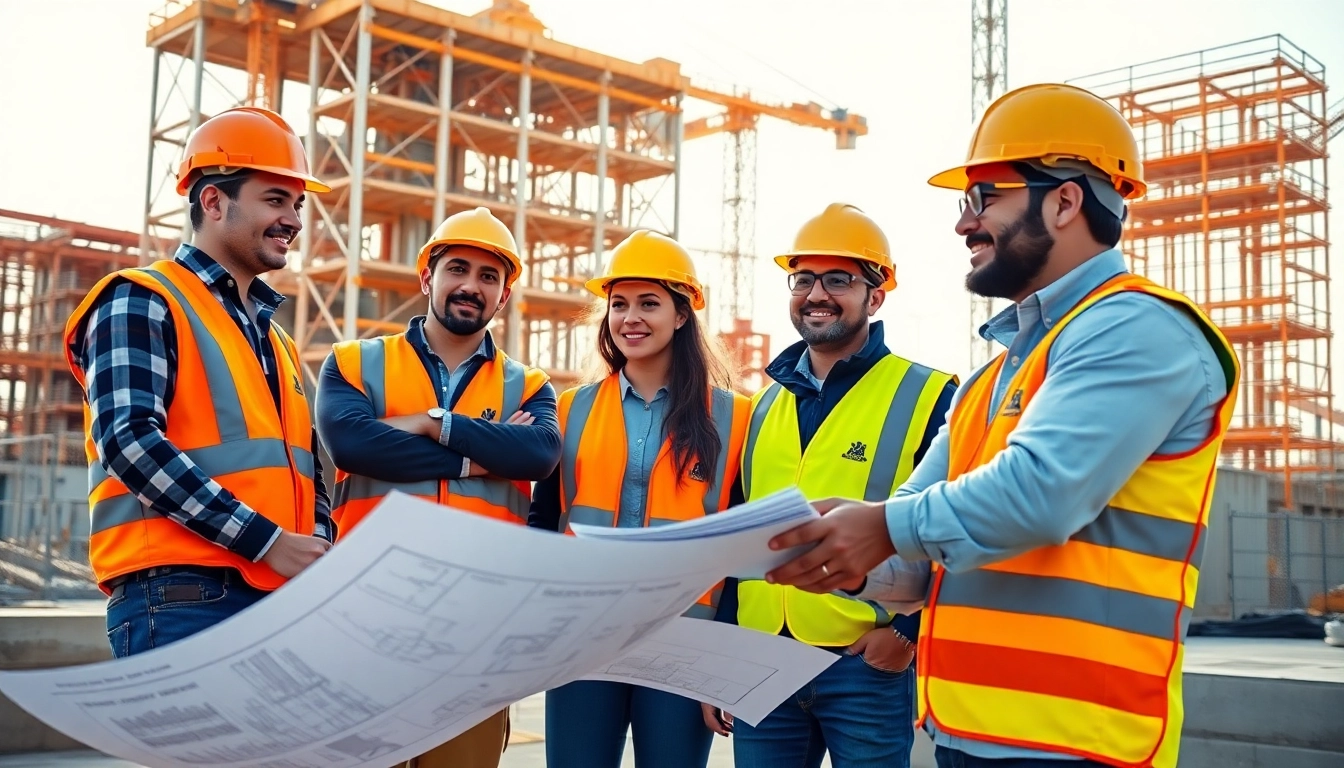 Construction apprenticeship candidates collaboratively engaging at a building site, emphasizing teamwork.